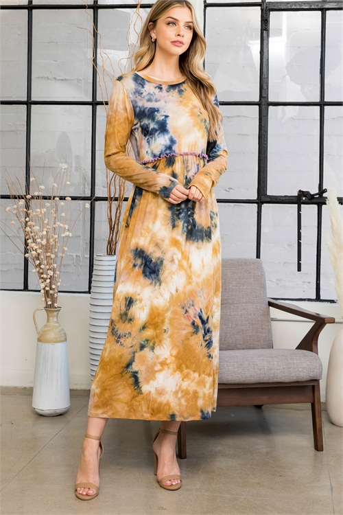 S16-8-4-PPD10330-MCLLC - PULL MERROW ELASTIC WAIST LONG SLEEVE TIE DYE MAXI DRESS- MOCHA-LILAC 1-2-2-2