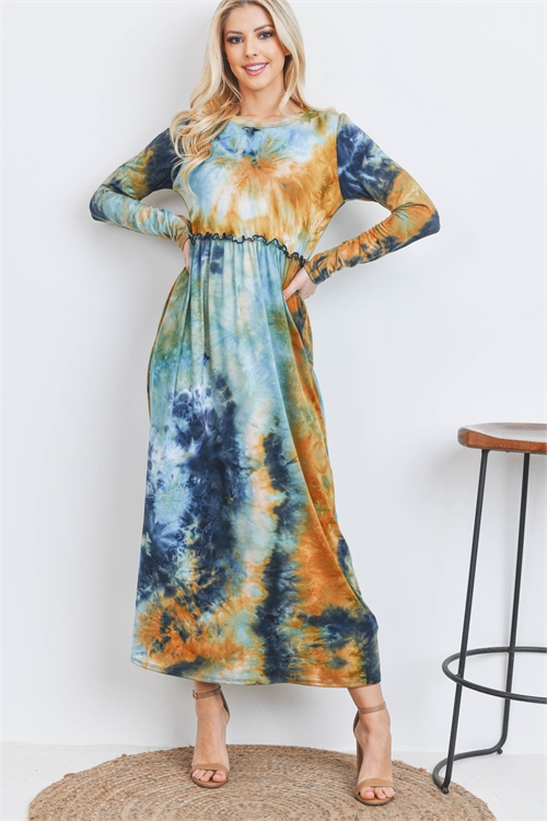 S16-8-3-PPD10330-MCTQCB - PULL MERROW ELASTIC WAIST LONG SLEEVE TIE DYE MAXI DRESS- MOCHA-TURQUOISE COMBO 1-2-2-2