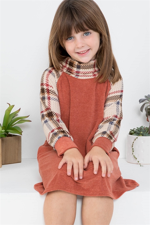 C50-A-3-PPD10334TK-RUSNDBWN - KIDS LONG SLEEVE WAFFLE PLAID TOP- RUST/SAND-BROWN 1-1-1-1-1-1-1-1