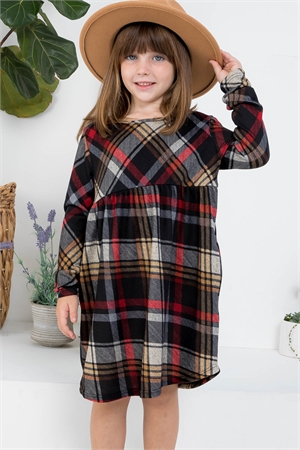 SA3-0-3-PPD10336TK-BKKHKRD-1 - KIDS PLAID LONG SLEEVE SHIRRING DRESS- BLACK-KHAKI-RED 1-1-0-1-1-1-0-1