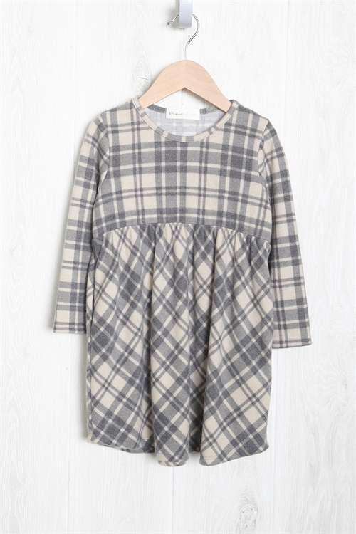 SA4-0-1-PPD10337TK-TPBK - KIDS PLAID LONG SLEEVE ELASTIC WAIST DRESS- TAUPE-BLACK 1-1-1-1-1-1-1-1