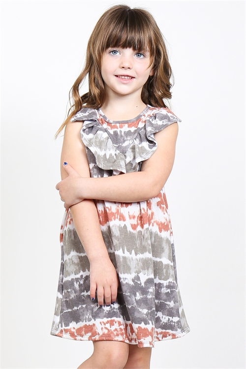 C70-B-PPD1033T-RSTOV-A - TODDLER GIRLS V-SHAPE RUFFLE DETAIL TIE DYE DRESS- RUST/OLIVE 8-6-7-1