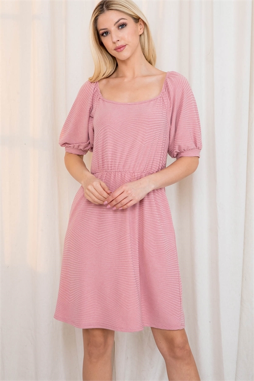 S14-4-3-PPD10346-MV-1 - SQUARE NECKLINE QUARTER PUFF SLEEVE DIAMOND RIB DRESS- MAUVE 0-2-0-2