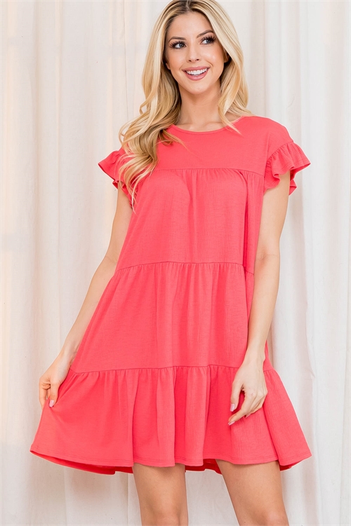 S11-15-4-PPD10347-DPCRL-1 - ELASTIC SQUARE NECKLINE PUFF SLEEVE DIAMOND RIB DRESS- DEEP CORAL 0-2-1-2