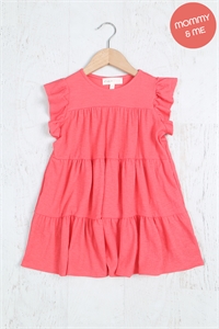 S12-3-4-PPD10347TK-DPCRL - KIDS TIERED RUFFLE ABOVE KNEE DRESS- DEEP CORAL