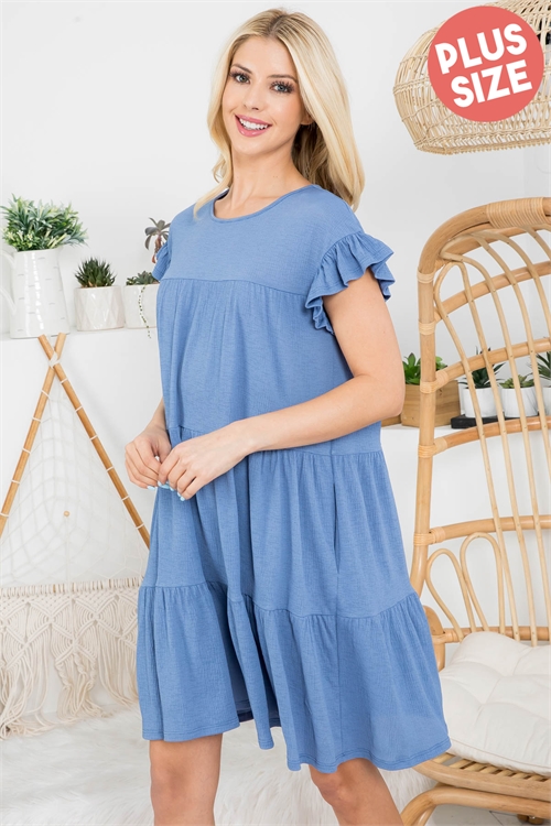 SA4-7-1-PPD10347X-DNMBL-1 - PLUS SIZE ELASTIC SQUARE NECKLINE PUFF SLEEVE DIAMOND RIB DRESS- DENIM BLUE 1-3-1