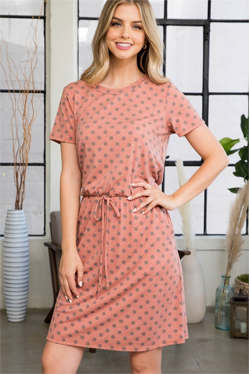 S8-14-3-PPD10349-RU-1 - POLKA DOT SHORT SLEEVE RIBBON WAIST DRESS- RUST 0-2-2-2