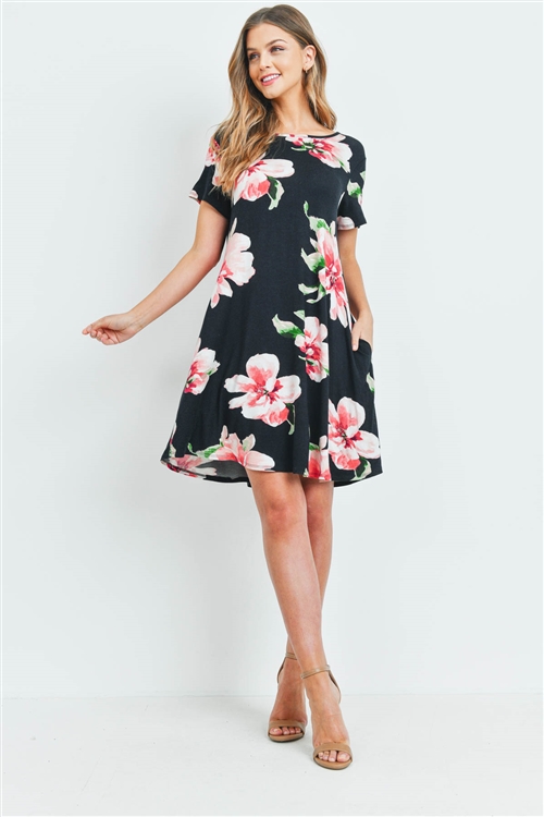 S13-2-2-PPD1035-BKPK - PAINTERLY FLORAL PRINT ROUND NECK DRESS- BLACK/PINK 1-2-2-2