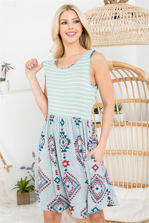 S14-4-3-PPD10353-BLGRSRD-1 - STRIPES AZTEC CONTRAST SLEEVELESS DRESS- BLUE GRASS/RED-OFF-WHITE/GREEN 2