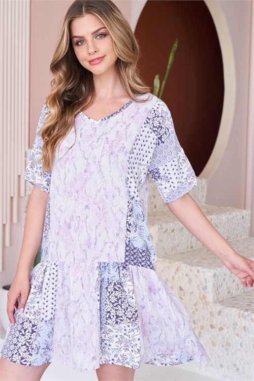 S10-17-2-PPD10369-PPLPKBLLVD-1 - V-NECK FLORAL CONTRAST MARBLE PRINT DRESS- PURPLE/PINK-BLUE/LAVENDER 2