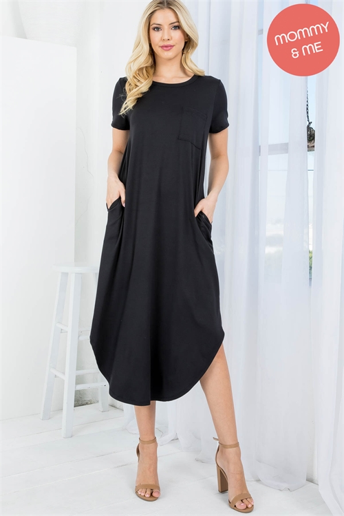 S5-10-4-PPD10378-BK-2 - SHORT SLEEVE DOLPHIN HEM SOLID MAXI DRESS- BLACK 0-2-2-2