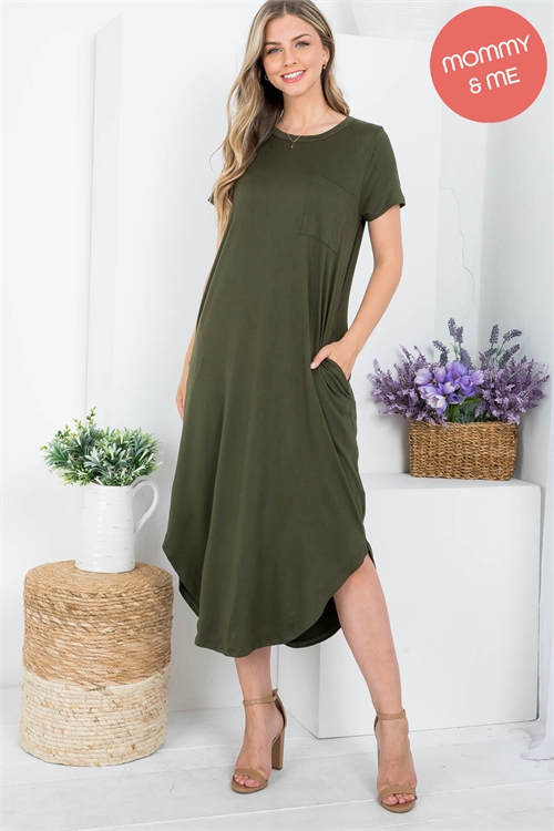 S15-3-4-PPD10378-DKOV - SHORT SLEEVE DOLPHIN HEM SOLID MAXI DRESS- DARK OLIVE 1-2-2-2