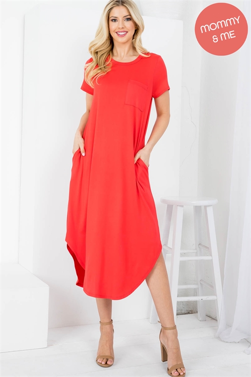 S13-4-4-PPD10378-LTRD - SHORT SLEEVE DOLPHIN HEM SOLID MAXI DRESS- LIGHT RED 1-2-2-2