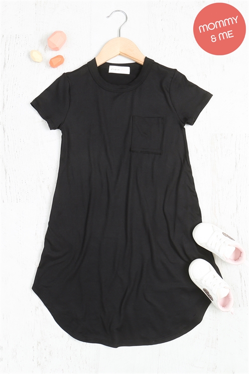 S9-20-2-PPD10378TK-BK-1 - KIDS SHORT SLEEVE DOLPHIN HEM SOLID MAXI DRESS- BLACK 1-1