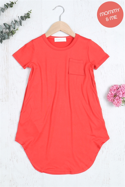 S16-1-4-PPD10378TK-LTRD-1 - KIDS SHORT SLEEVE DOLPHIN HEM SOLID MAXI DRESS- LIGHT RED 0-2-0-1-1-1-1-1