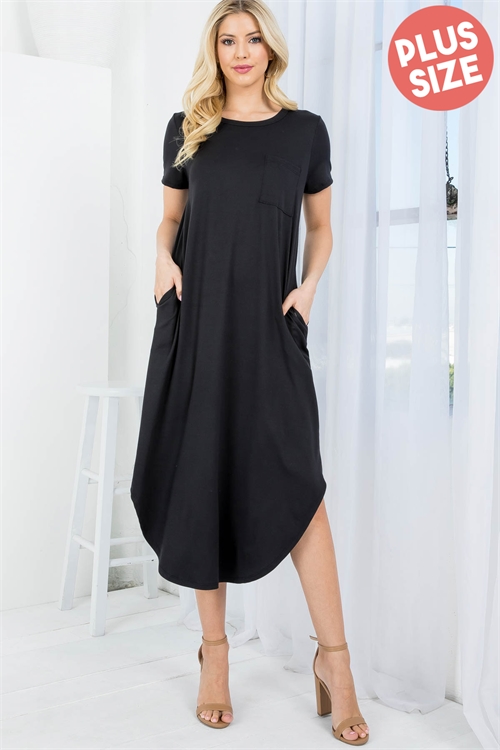 S10-11-4-PPD10378X-BK-1 - PLUS SIZE SHORT SLEEVE DOLPHIN HEM SOLID MAXI DRESS- BLACK 1-2-1