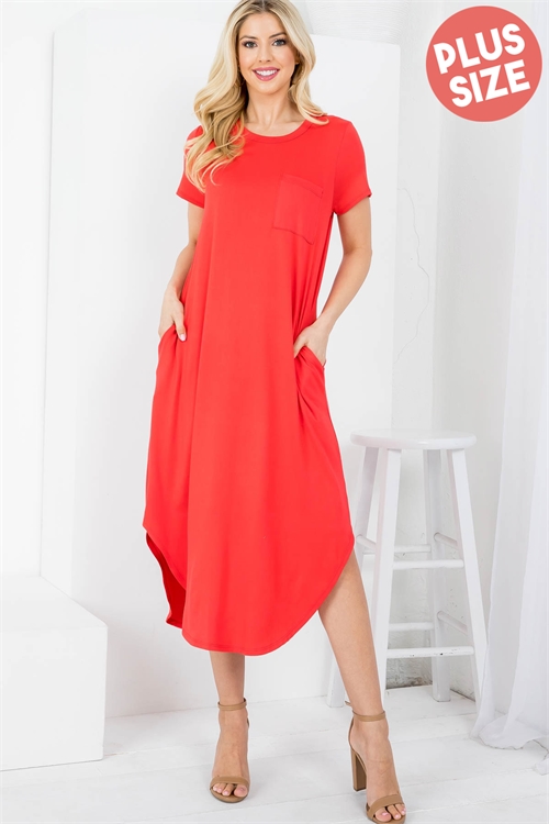 S9-14-1-PPD10378X-LTRD - PLUS SIZE SHORT SLEEVE DOLPHIN HEM SOLID MAXI DRESS- LIGHT RED 3-2-1