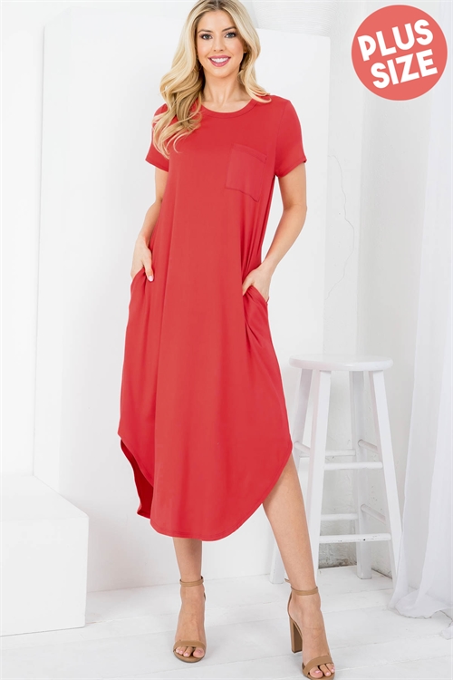 S16-2-1-PPD10378X-RD - PLUS SIZE SHORT SLEEVE DOLPHIN HEM SOLID MAXI DRESS- RED 3-2-1