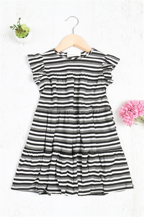 S16-9-5-PPD10404TK-BKHGCHL-1 - KIDS SHORT SLEEVE MULTI STRIPES TIERED RUFFLE DRESS- BLACK/HEATHER GREY/CHARCOAL 1-1-0-1-1-1-1-1