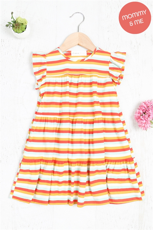 S6-9-3-PPD10404TK-DKCRLMUMNT - KIDS SHORT SLEEVE MULTI STRIPES TIERED RUFFLE DRESS- DARK CORAL/MUSTARD/MINT 1-1-1-1-1-1-1-1