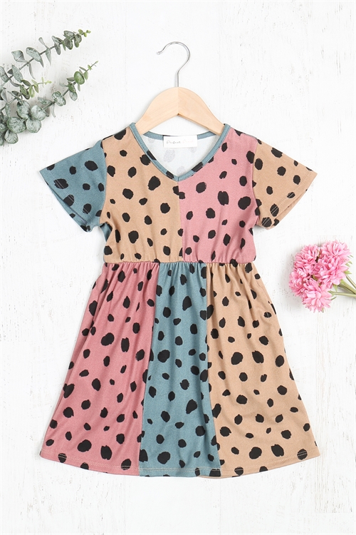 C6-B-PPD10409TK-TPCCHNTR-A - KIDS LEOPARD COLOR BLOCK V-NECK POCKET DRESS- TAUPE/BLACK-COCO/BLACK-HUNTER BLACK 4-3-5-3-0-0-3-2