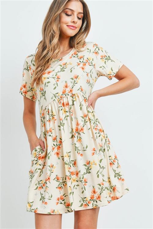 S8-14-3-PPD1041-KHKCB-1 - EMPIRE WAIST FLORAL DRESS WITH SIDE POCKETS- KHAKI COMBO 0-2-2-2