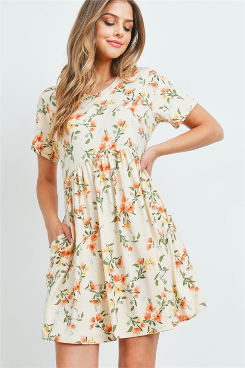 S12-7-3-PPD1041-KHKCB - EMPIRE WAIST FLORAL DRESS WITH SIDE POCKETS- KHAKI COMBO 1-2-2-2