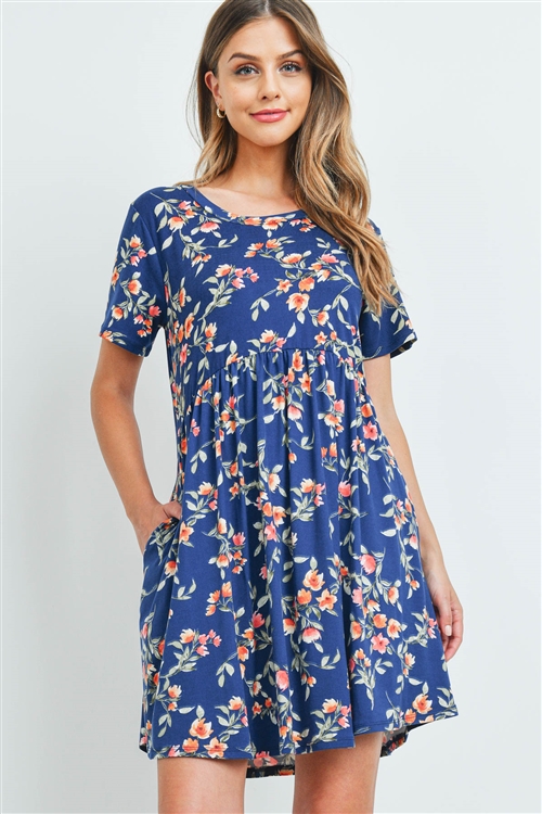 S8-14-3-PPD1041-NVCB-1 - EMPIRE WAIST FLORAL DRESS WITH SIDE POCKETS- NAVY COMBO 0-2-2-2