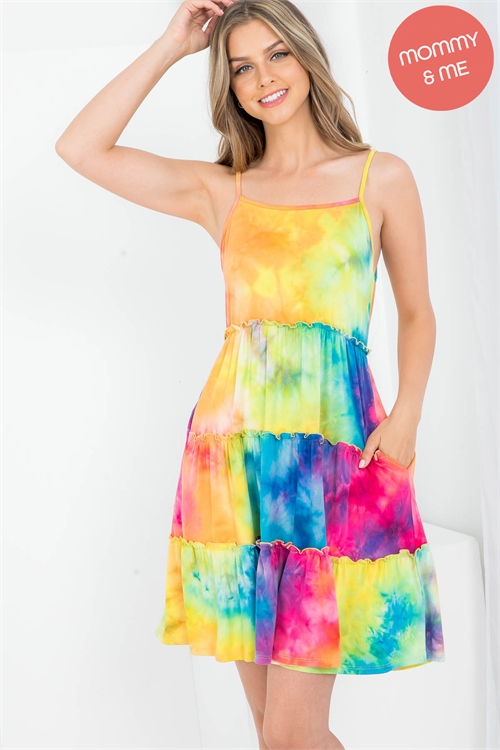 S9-4-2-PPD10410-TQHTPBYLW - SPAGHETTI STRAP TIERED TIE DYE DRESS- TURQUOISE/HOT PINKT/B. YELLOW 1-2-2-2