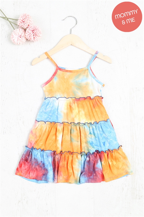 S8-10-2-PPD10410TK-AQTNGRCRL - KIDS SPAGHETTI STRAP TIERED TIE DYE DRESS- AQUA/TANGERINE/CORAL 1-1-0-0-1-1-0-0