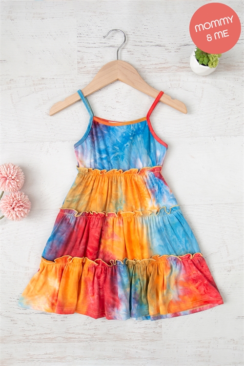 C26-B-PPD10410TK-TQHTPBYLW-A - KIDS SPAGHETTI STRAP TIERED TIE DYE DRESS- TURQUOISE/HOT PINKT/B. YELLOW 3-1-0-0-0-4-2-5