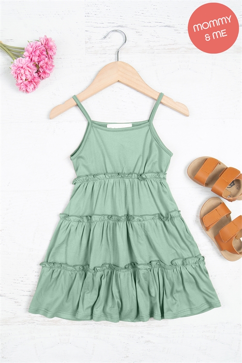 S16-5-4-PPD10411TK-MLTRGN - KIDS PULL MERROW DETAIL TIERED RAFFLE SPAGHETTI DRESS- MILITARY GREEN 1-1-1-1-1-1-1-1 (NOW $6.75 ONLY!)