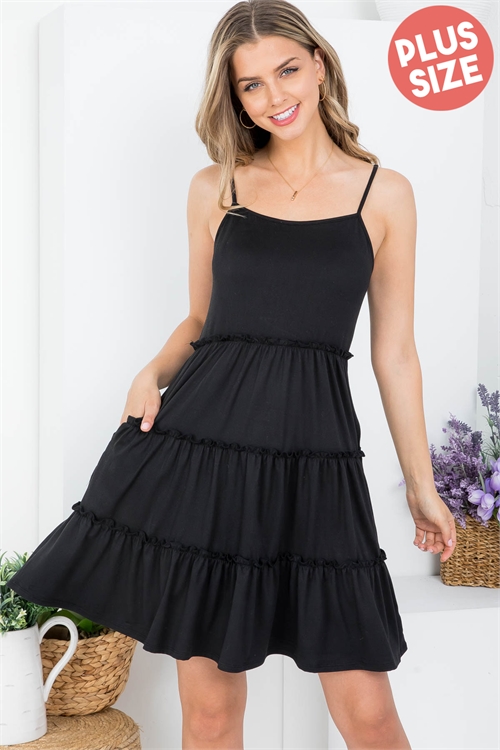 S16-6-5-PPD10411X-BK - PLUS SIZE PULL MERROW DETAIL TIERED RUFFLE SPAGHETTI DRESS- BLACK 3-2-1