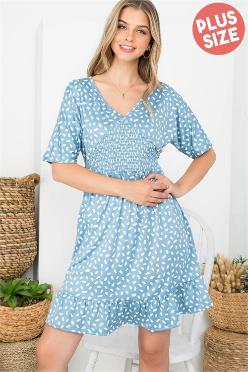 S10-15-2-PPD10419X-DSTBL - PLUS SIZE V-NECK SMOCK DETAIL PRINTED DRESS- DUSTY BLUE/OFF WHITE 3-2-1