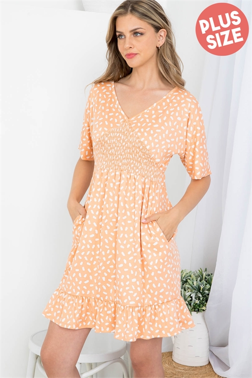 S10-19-2-PPD10419X-PCH - PLUS SIZE V-NECK SMOCK DETAIL PRINTED DRESS- PEACH/OFF WHITE 3-2-1
