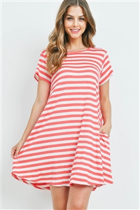 S9-2-1-PPD1042-CRLIV - SHORT SLEEVES ROUND NECK STRIPES DRESS- CORAL/IVORY 1-2-2-2