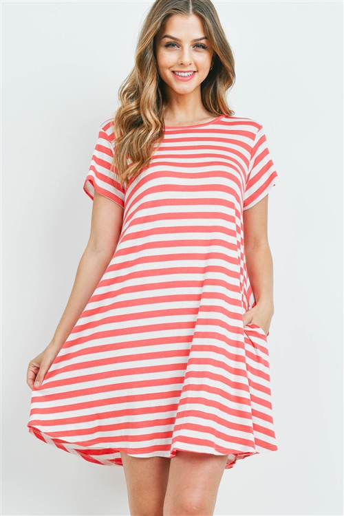 S9-2-1-PPD1042-CRLIV - SHORT SLEEVES ROUND NECK STRIPES DRESS- CORAL/IVORY 1-2-2-2