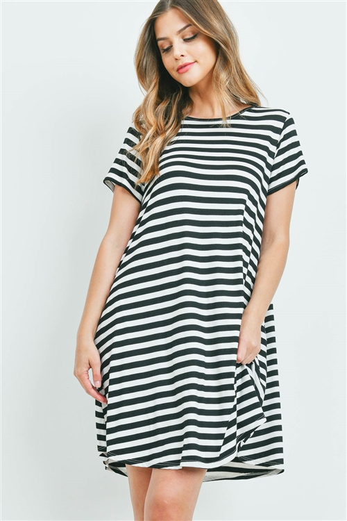 S9-2-4-PPD1042-IVBK - SHORT SLEEVES ROUND NECK STRIPES DRESS- IVORY/BLACK 1-2-2-2