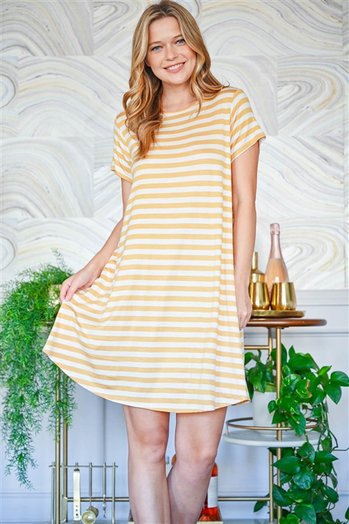 S9-2-1-PPD1042-IVMU - SHORT SLEEVES ROUND NECK STRIPES DRESS- IVORY/MUSTARD 1-2-2-2