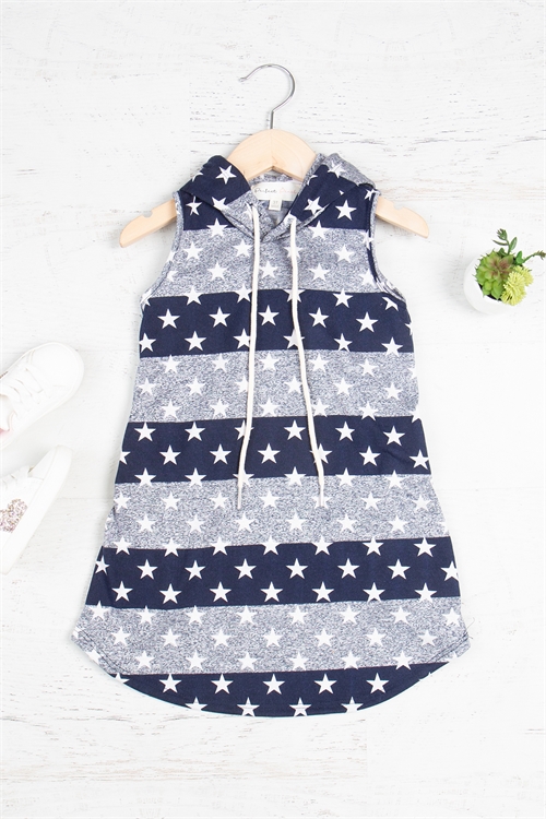 S16-8-1-PPD10421TK-NV - KIDS STAR STRIPE PRINTED SLEEVELESS HOODIE DRESS- NAVY 1-1-0-2-1-1-0-1