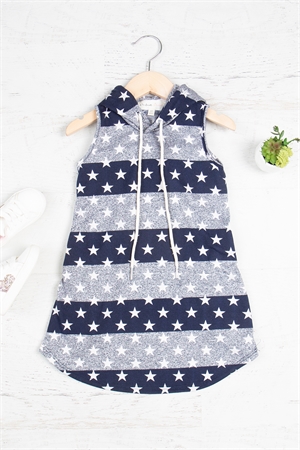 S8-14-3-B-PPD10421TK-NV-A - KIDS STAR STRIPE PRINTED SLEEVELESS HOODIE DRESS- NAVY  2-2-2-1-0-0-0