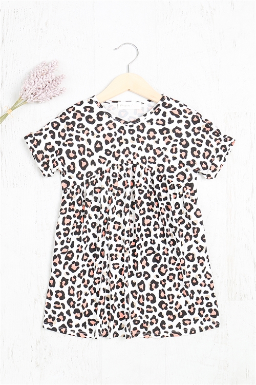 C58-B-PPD10424TK-IVCRL-A - KIDS FOLDED SHORT SLEEVE LEOPARD PLEATED DRESS- IVORY CORAL 4-3-3-2-0-4-3-4