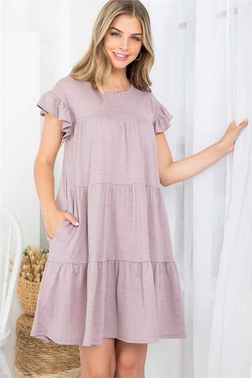 S12-1-2-PPD10430-MC-1 - RUFFLE CAP SLEEVE TIERED SOLID DRESS- MOCHA 0-1-2-0