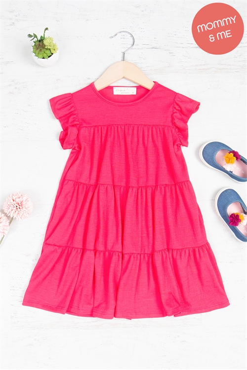 S11-6-4-PPD10430TK-FCH-1 - KIDS RUFFLE CAP SLEEVE TIERED SOLID DRESS- FUCHSIA 1-1-0-1-1-1-1-1