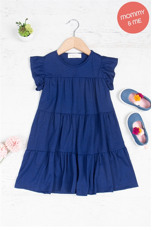S11-6-4-PPD10430TK-NV-1 - KIDS RUFFLE CAP SLEEVE TIERED SOLID DRESS- NAVY 1-1-1-0-1-1-1-1