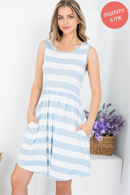 S8-5-1-PPD10436-BLOFW - ROUND NECK STRIPES A-LINE DRESS- BLUE/OFF WHITE 1-2-2-2