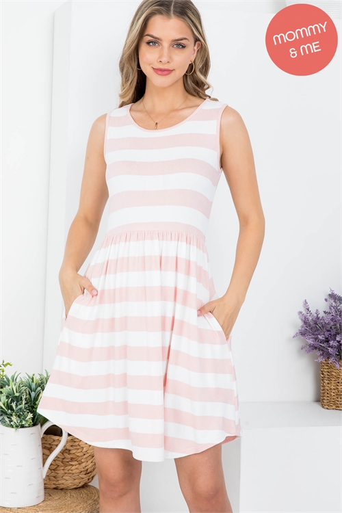 S8-5-1-PPD10436-PKOFW - ROUND NECK STRIPES A-LINE DRESS- PINK/OFF WHITE 1-2-2-2