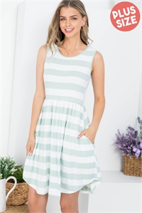 S7-8-1-PPD10436X-MNTOFW - PLUS SIZE ROUND NECK STRIPES A-LINE DRESS- MINT/OFF WHITE 3-2-1