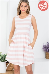 S7-8-1-PPD10436X-PKOFW - PLUS SIZE ROUND NECK STRIPES A-LINE DRESS- PINK/OFF WHITE 3-2-1