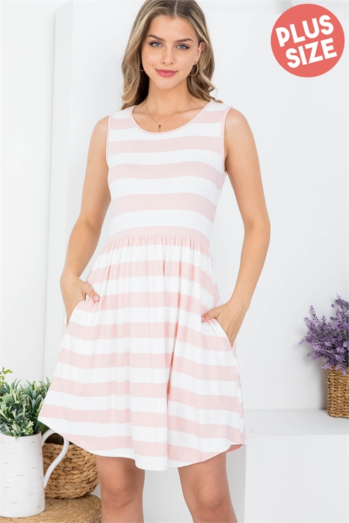 S8-12-4-PPD10436X-PKOFW-1 - PLUS SIZE ROUND NECK STRIPES A-LINE DRESS- PINK/OFF WHITE 0-1-1